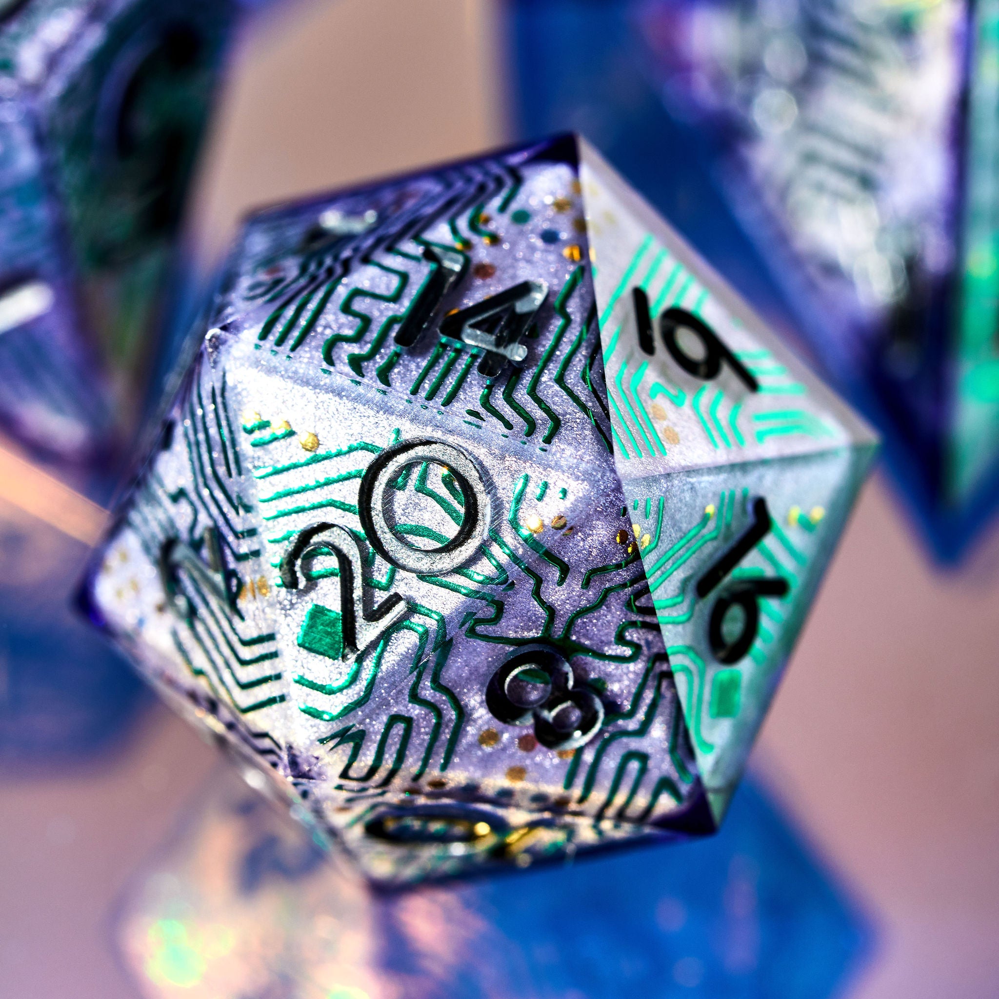 Composed close up of a purple D20