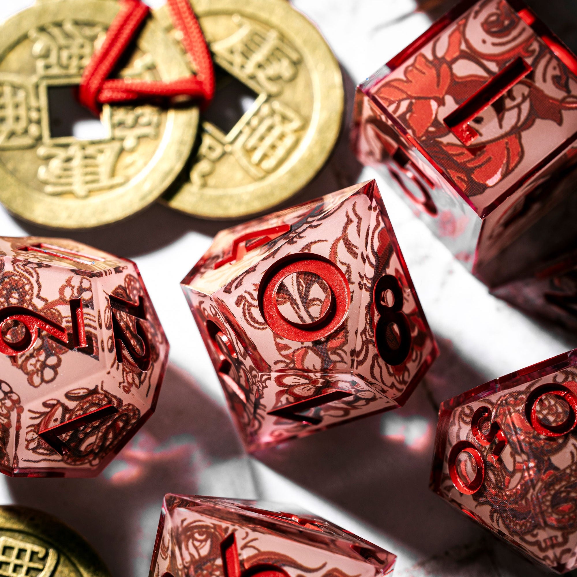 Red Jade 7-Piece Glow In The Dark Iconic Dice Set - Dispel Dice - Premium DnD Dice & Accessories # #