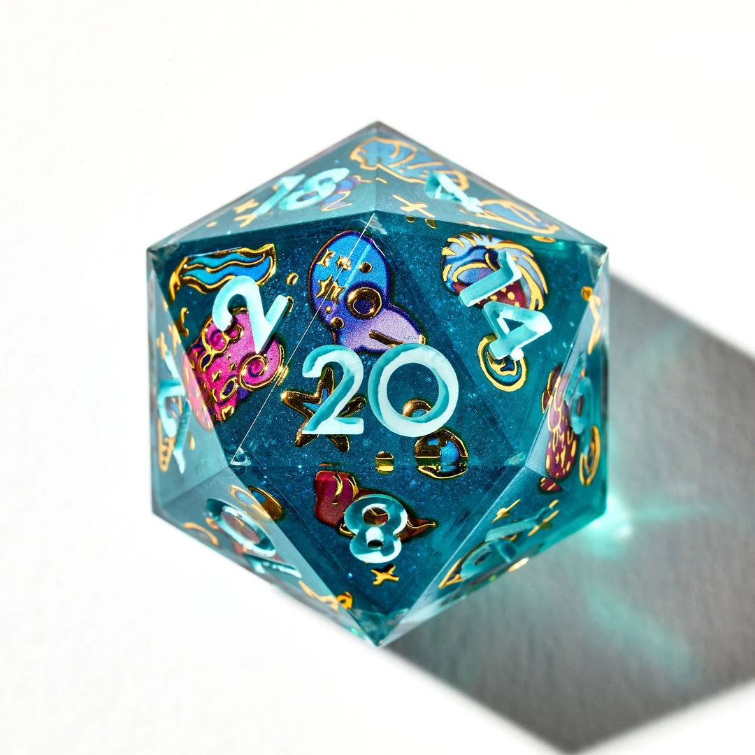 Blue DnD D20 with Gold-Bordered Cephalopods