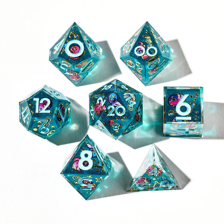 Blue DnD 7-Piece Dice Set with Light Blue Inked Numbers and Gold-Foiled Cephalopod Stickers