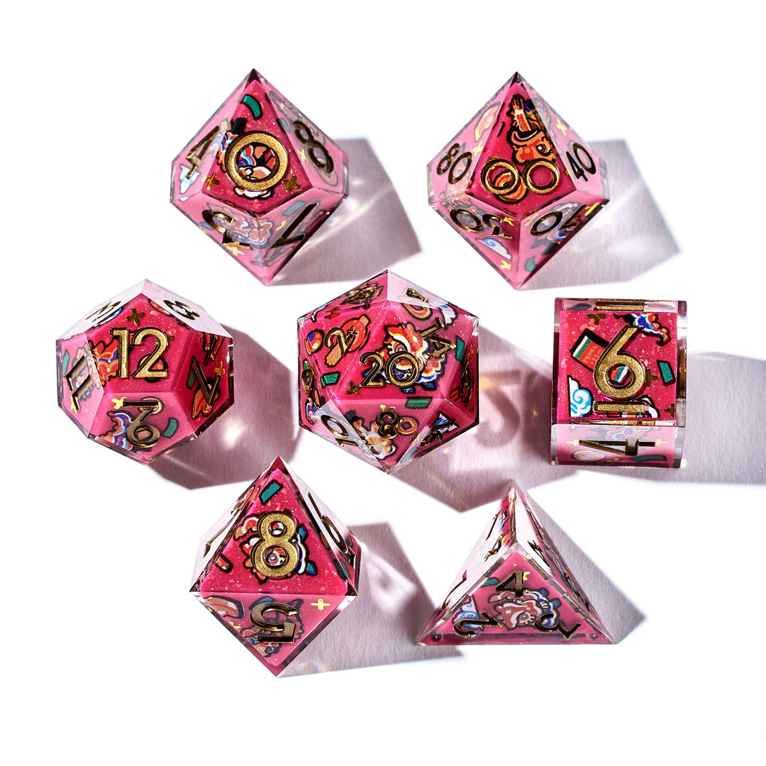 Red Envelope Lucky Bag with Lion Dance Iconic 7-Piece Dice Set