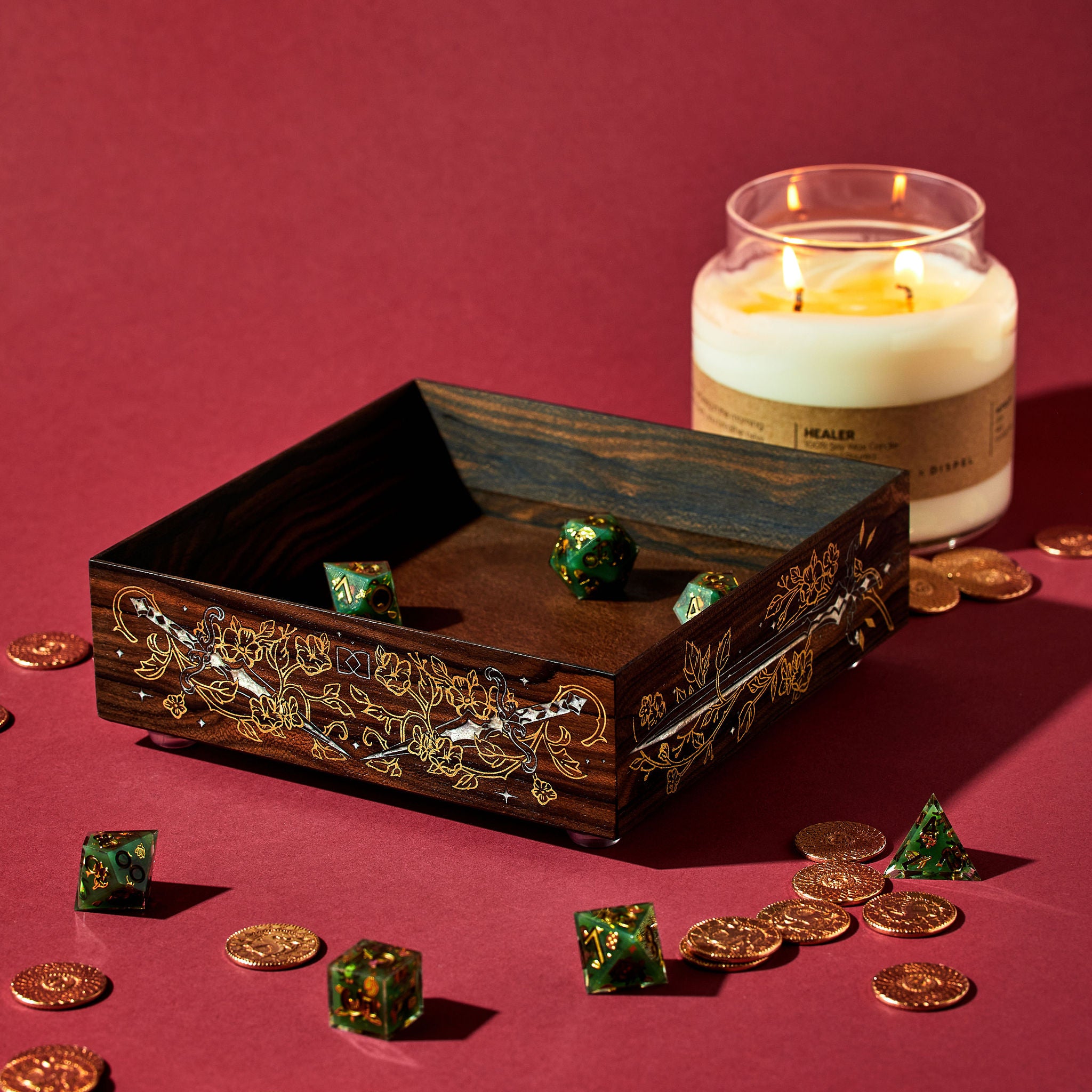 Dispel Dice x LaserOx "Swords & Roses" Dice Tray in Ziricote Wood - Dispel Dice - Premium DnD Dice & Accessories