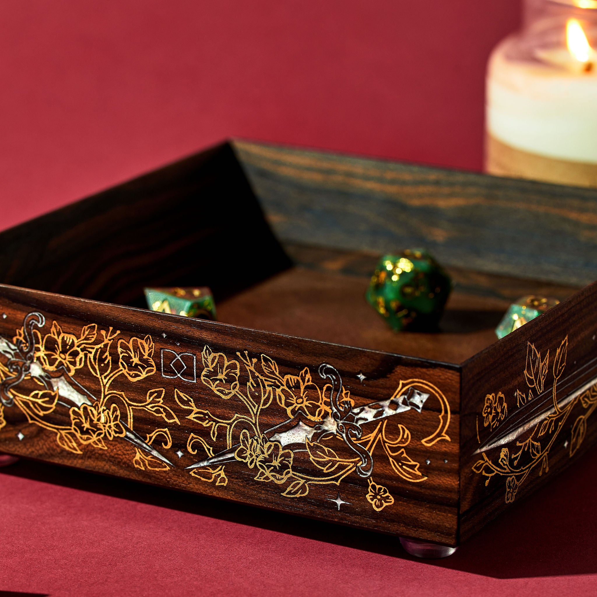 Swords & Roses Dice Tray in Ziricote | Dispel Dice x LaserOx