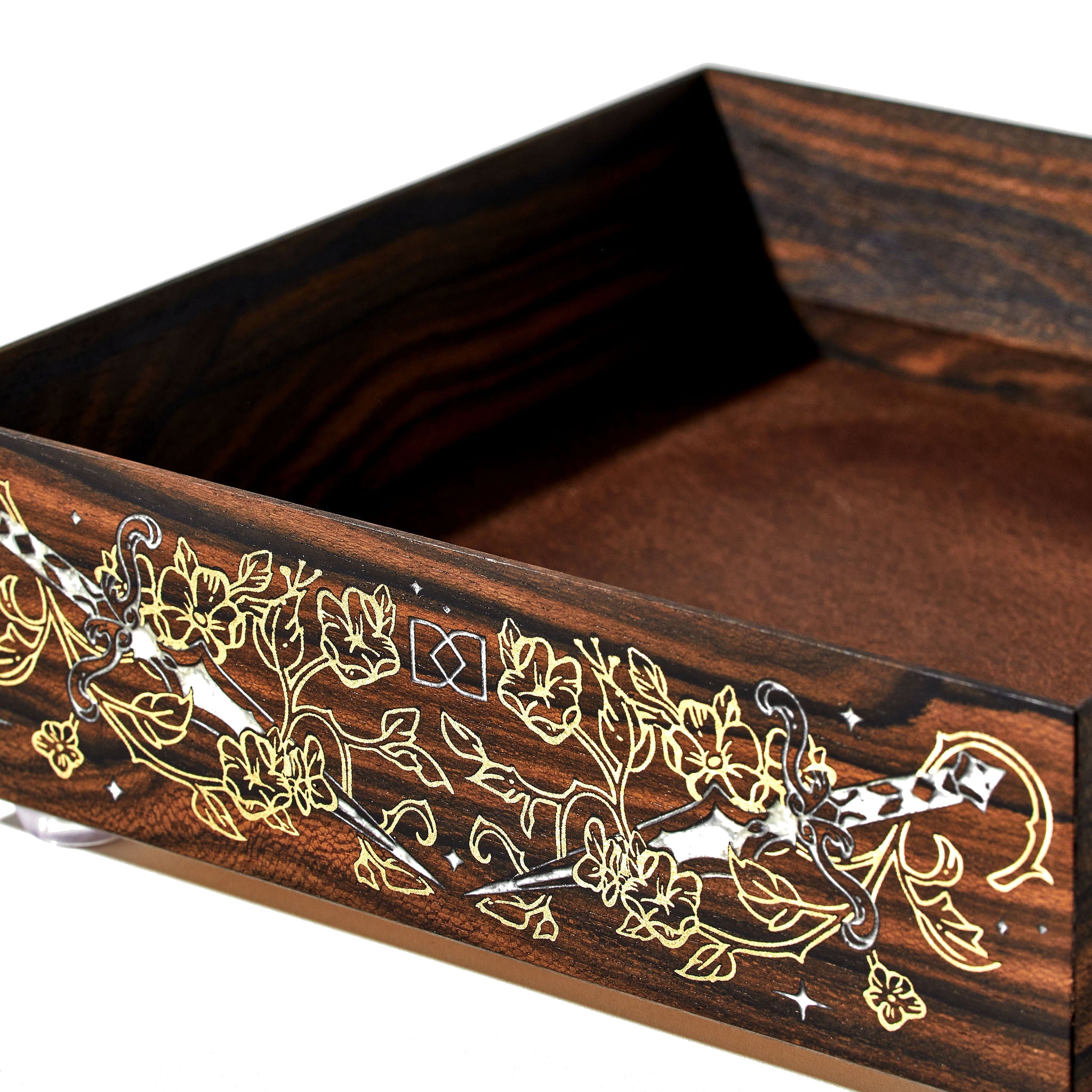 Dispel Dice x LaserOx "Swords & Roses" Dice Tray in Ziricote Wood