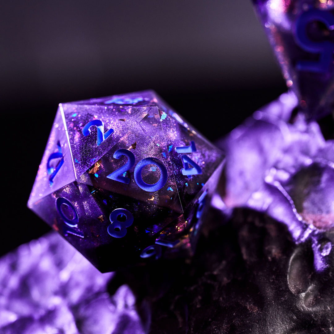 Purple Textured Gaming Dice (D20) on a purple background