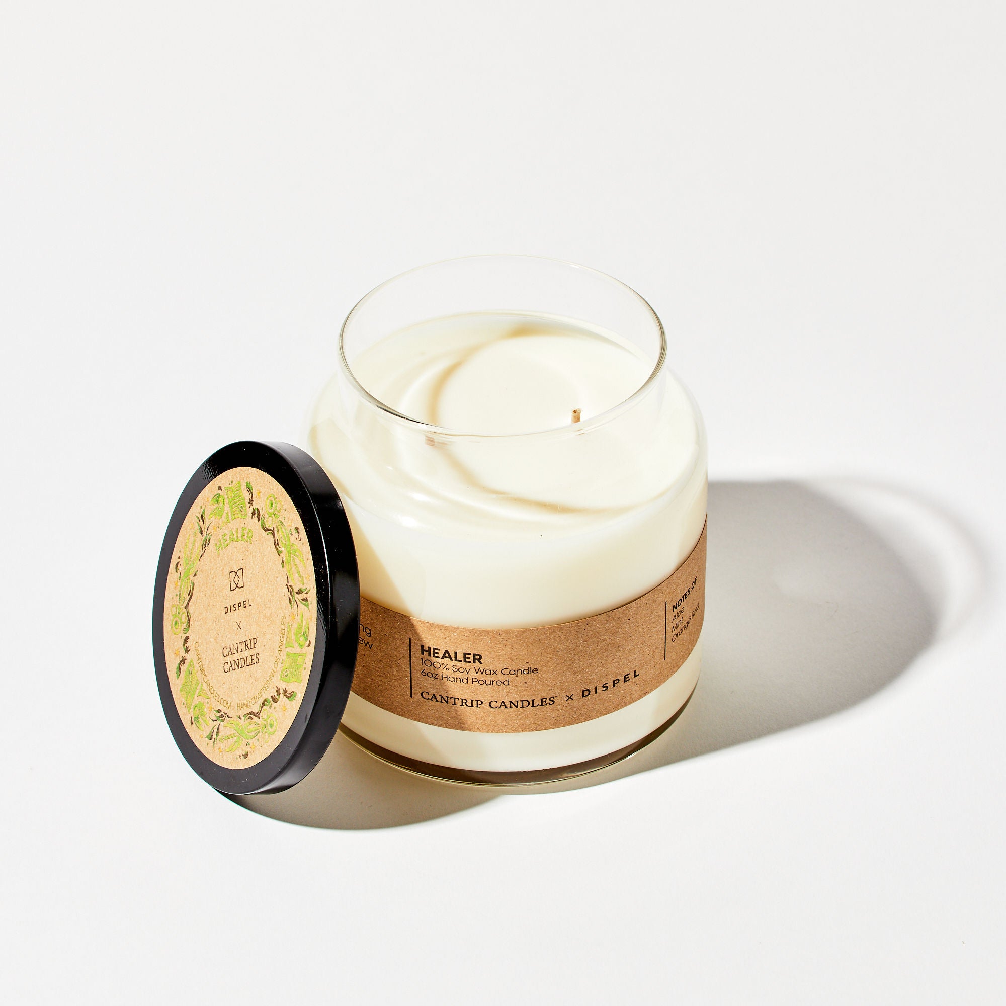 Dispel x Cantrip "Healer" Scented Soy Wax Candle on White | Dispel Dice