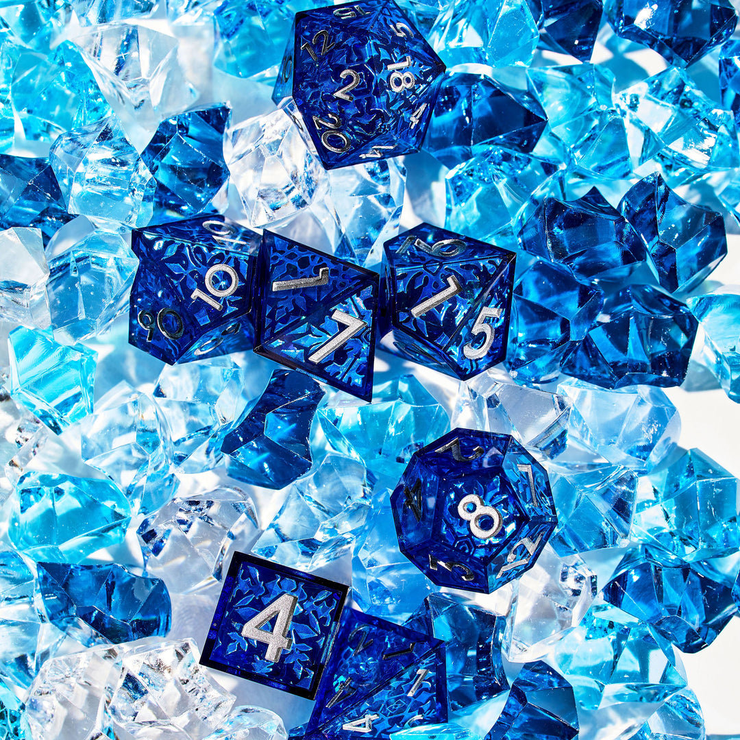 Blue DnD Dice on an Icy Background | Dispel Dice Holiday 2023 Collection (Mobile Header)