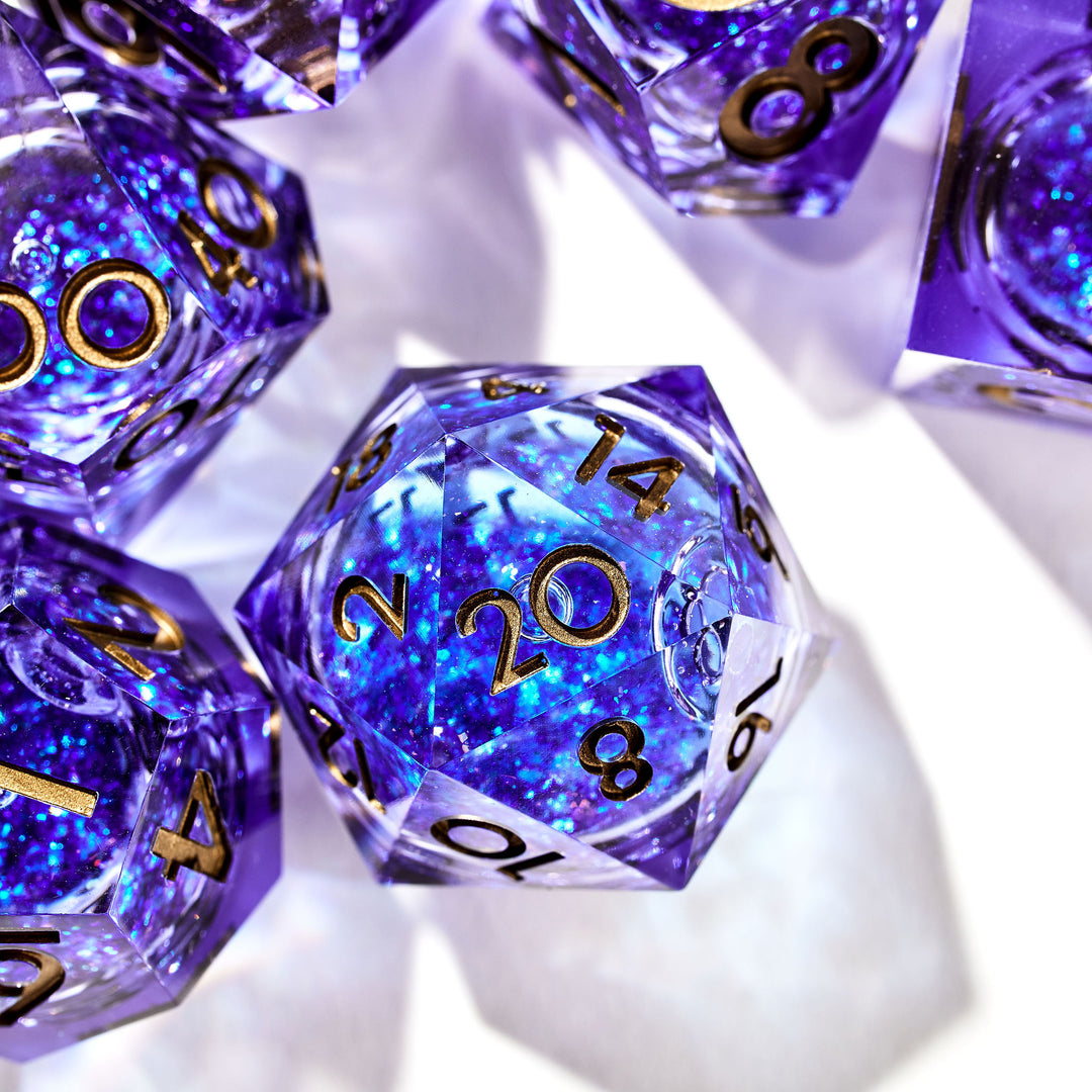 The Weave Blue Liquid Core DnD Dice Set on a white background | Dispel Dice