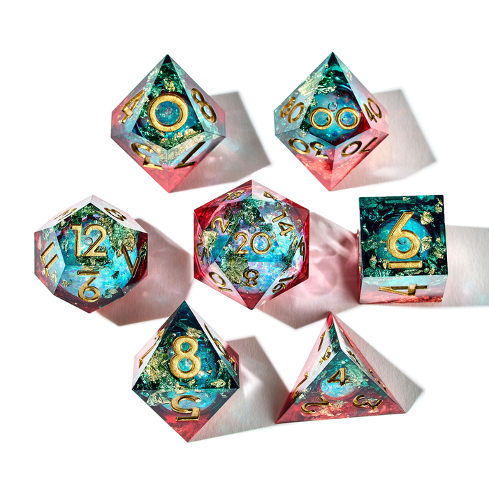 【dice】ウィングサドル Vermillion & Cyan 7-Piece Liquid Core Dice Set | Dispel Dice®