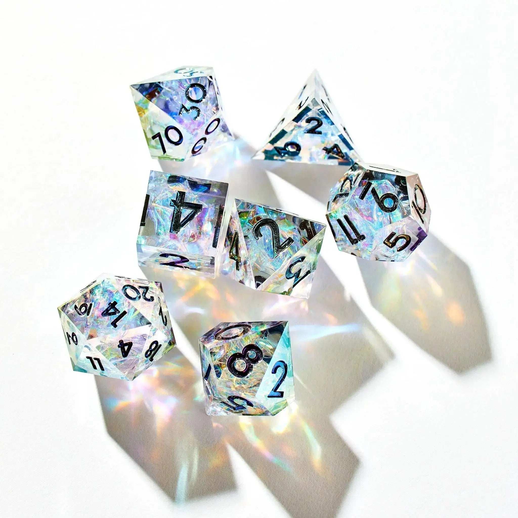 Northern Lights - 7 piece handmade newest sharp edge dice set + crystal D4