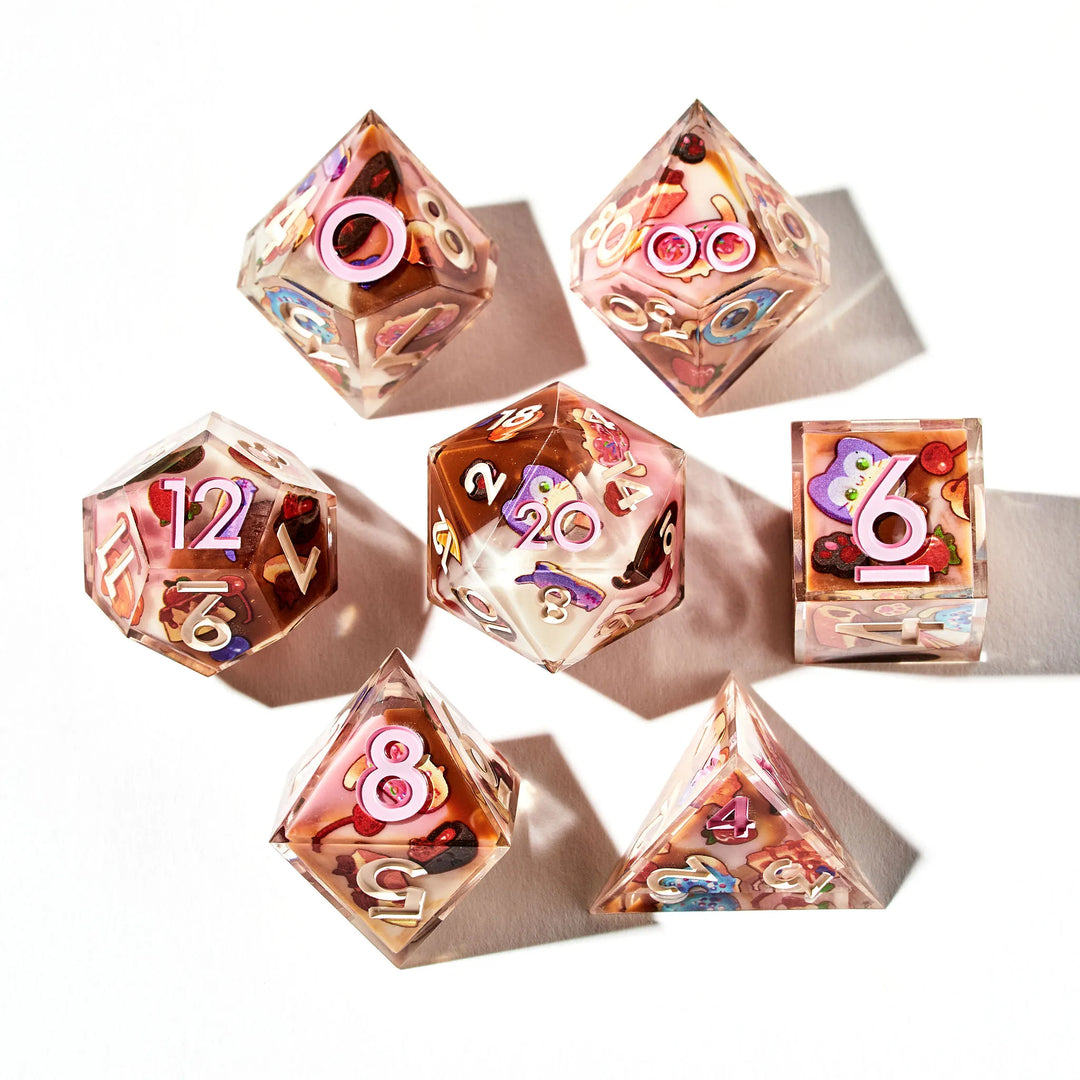 Neapolitan Colored Dice Set for DnD with Cat Themed Pastry Designs