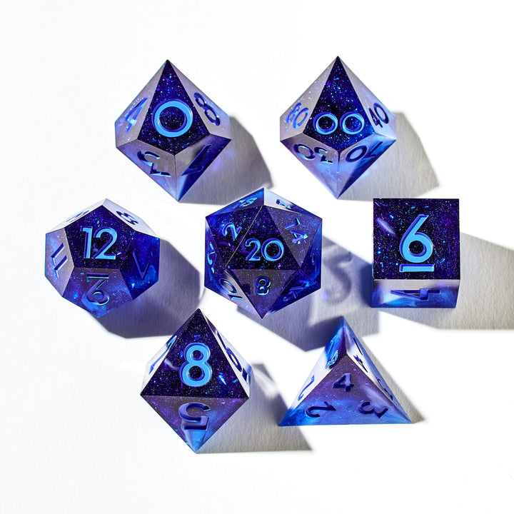 Close up of a blue dice set