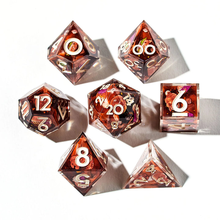 Cream on Brown Colored DnD Dice Set with Pastries that look like Dogs Decorated on all Sides