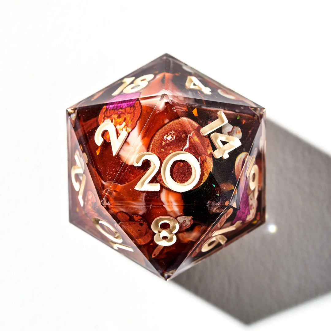 Cream on Brown Colored DnD D20 with Pastries that look like Dogs Decorated on all Sides