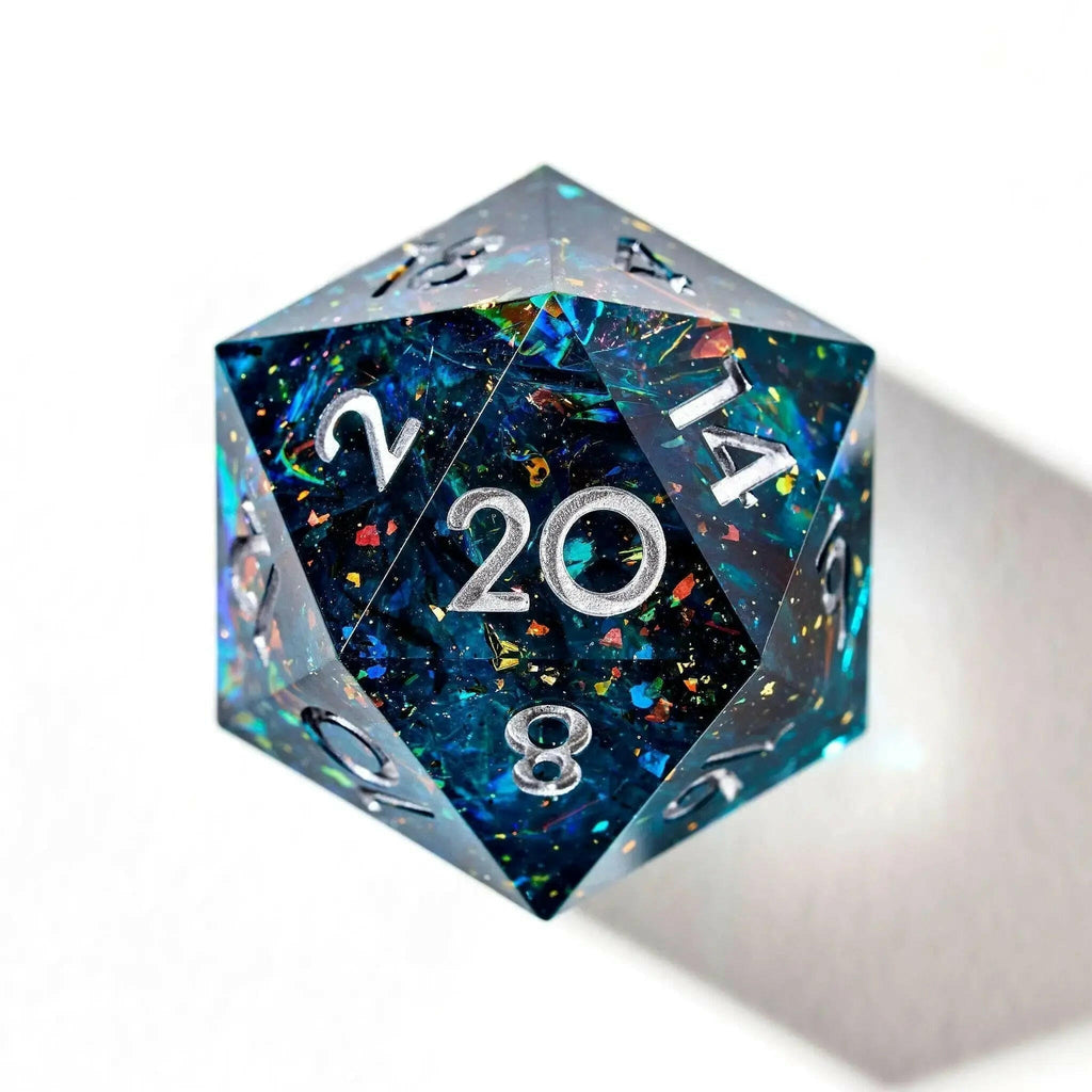 Celestial Stars, top 7 piece dice set, polyhedral dice, ttrpg dice, Dungeons and Dragons, Pathfinder dice, nebula dice, angel dice, galaxy dice