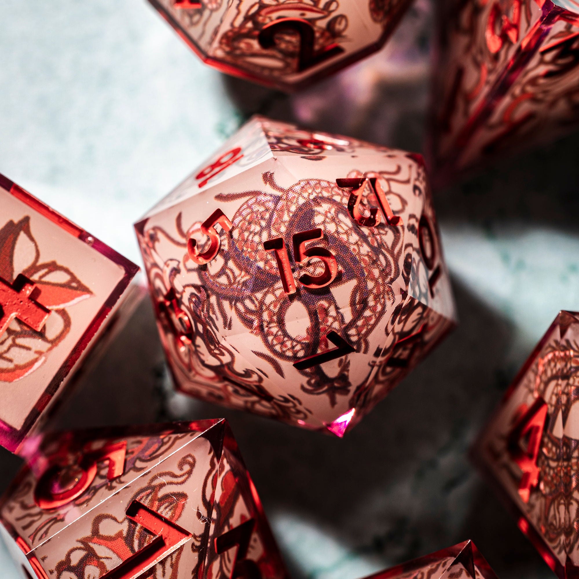 Red Jade 7-Piece Glow In The Dark Iconic Dice Set - Dispel Dice - Premium DnD Dice & Accessories # #