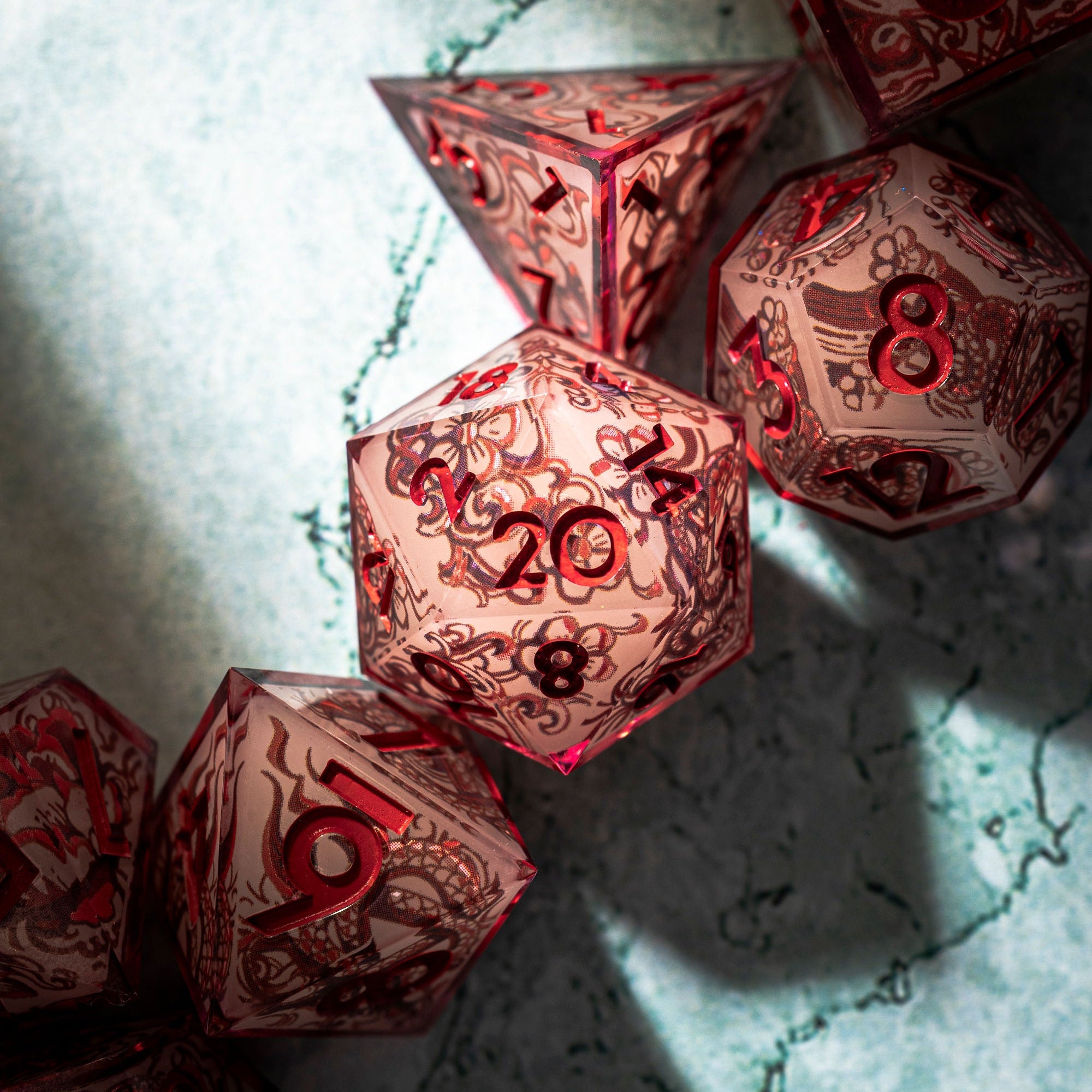 Red Jade 7-Piece Glow In The Dark Iconic Dice Set - Dispel Dice - Premium DnD Dice & Accessories # #