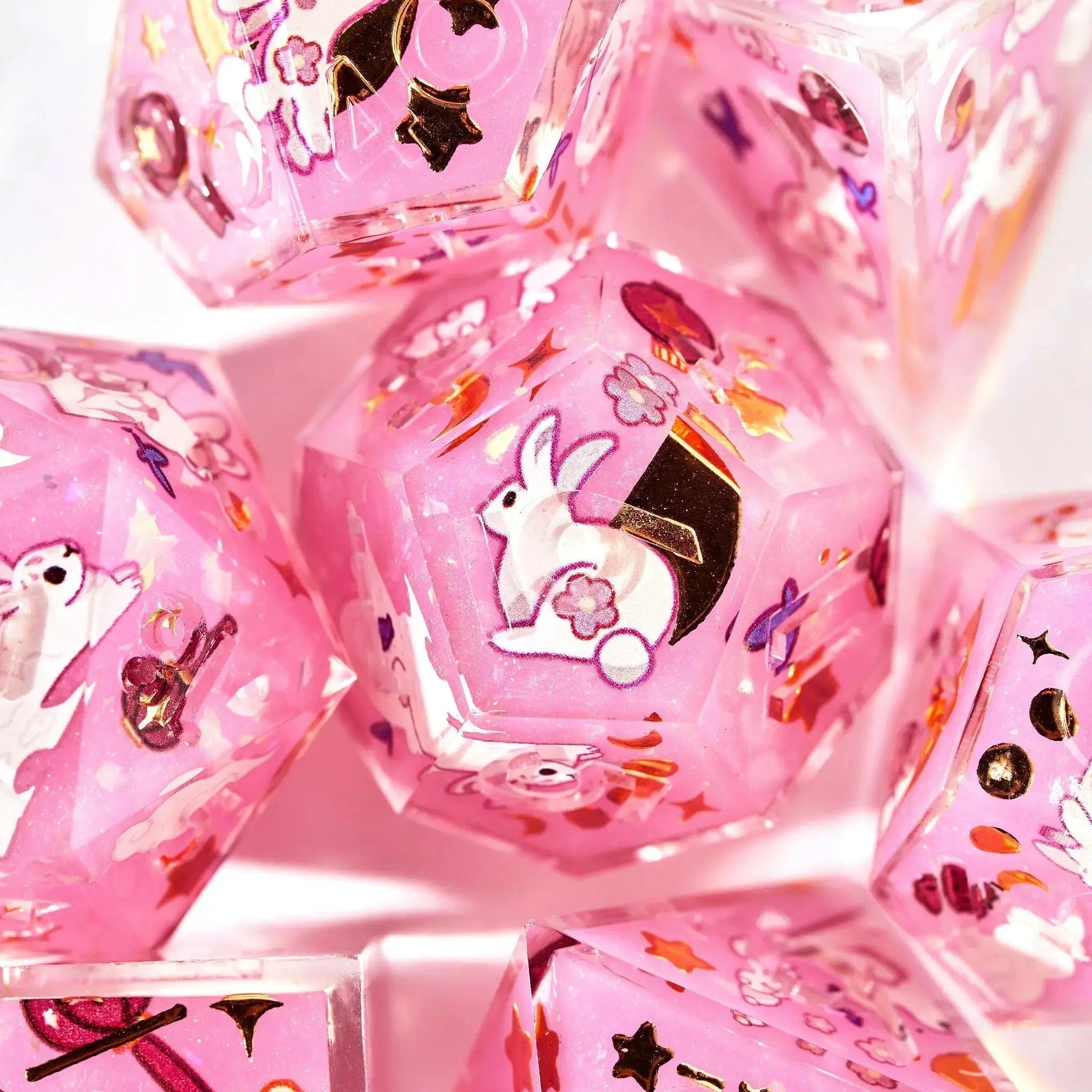 Lunar Bunnies 7-Piece Iconic Pink Dice Set - Dispel Dice - Premium DnD Dice & Accessories