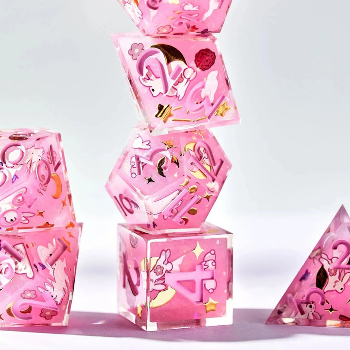Lunar Bunnies 7-Piece Iconic Pink Dice Set - Dispel Dice - Premium DnD Dice & Accessories