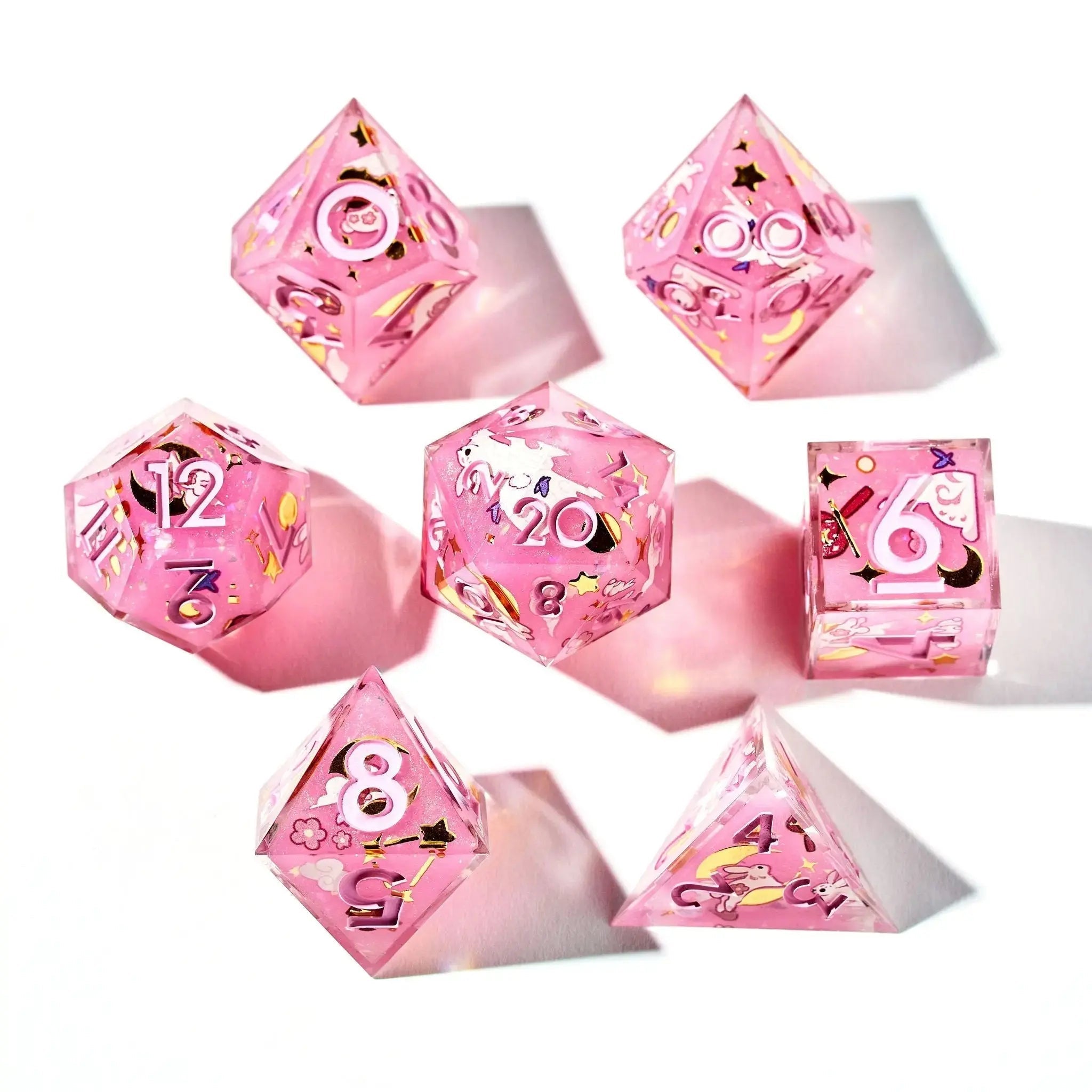 Lunar Bunnies 7-Piece Iconic Pink Dice Set - Dispel Dice - Premium DnD Dice & Accessories