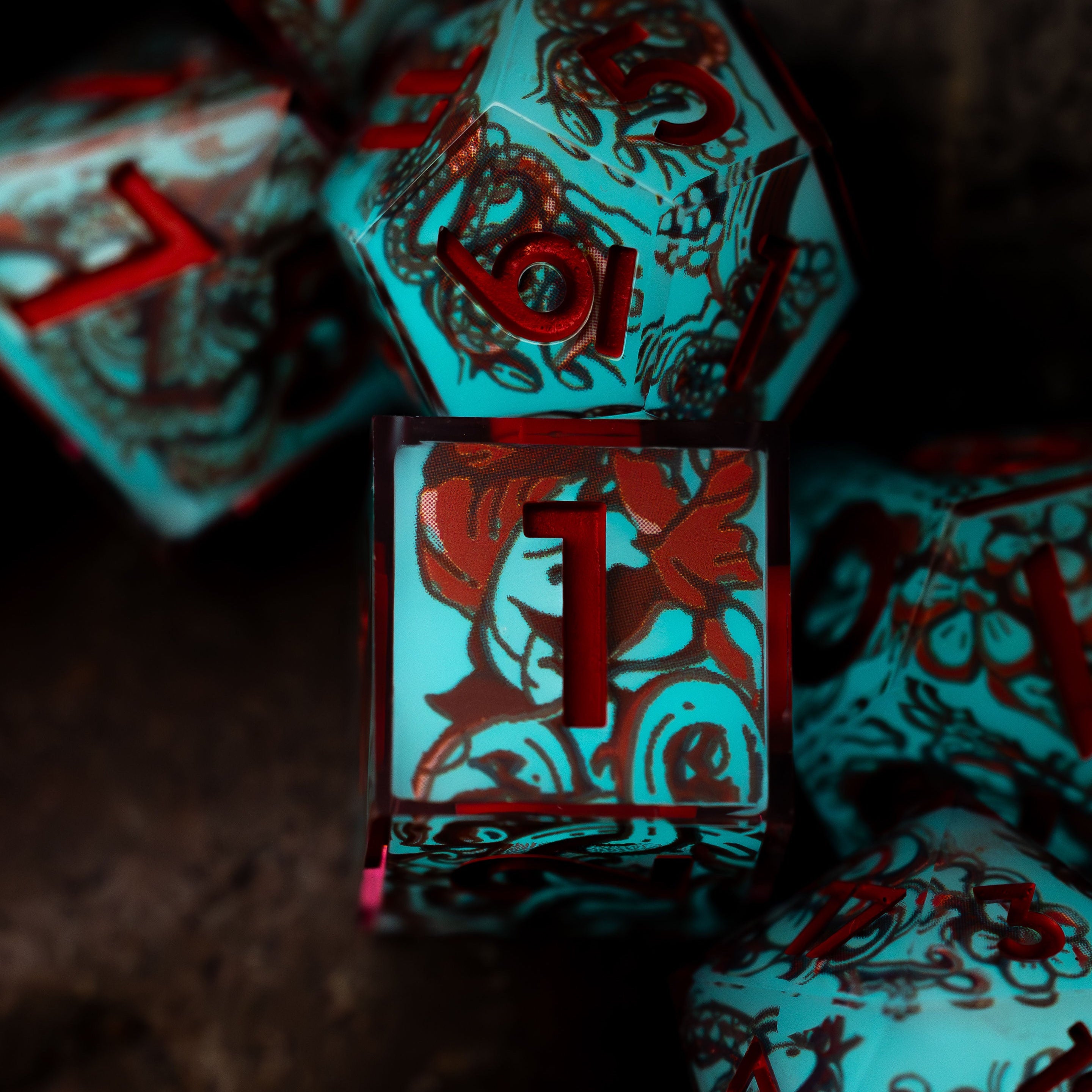 Red Jade 7-Piece Glow In The Dark Iconic Dice Set - Dispel Dice - Premium DnD Dice & Accessories # #