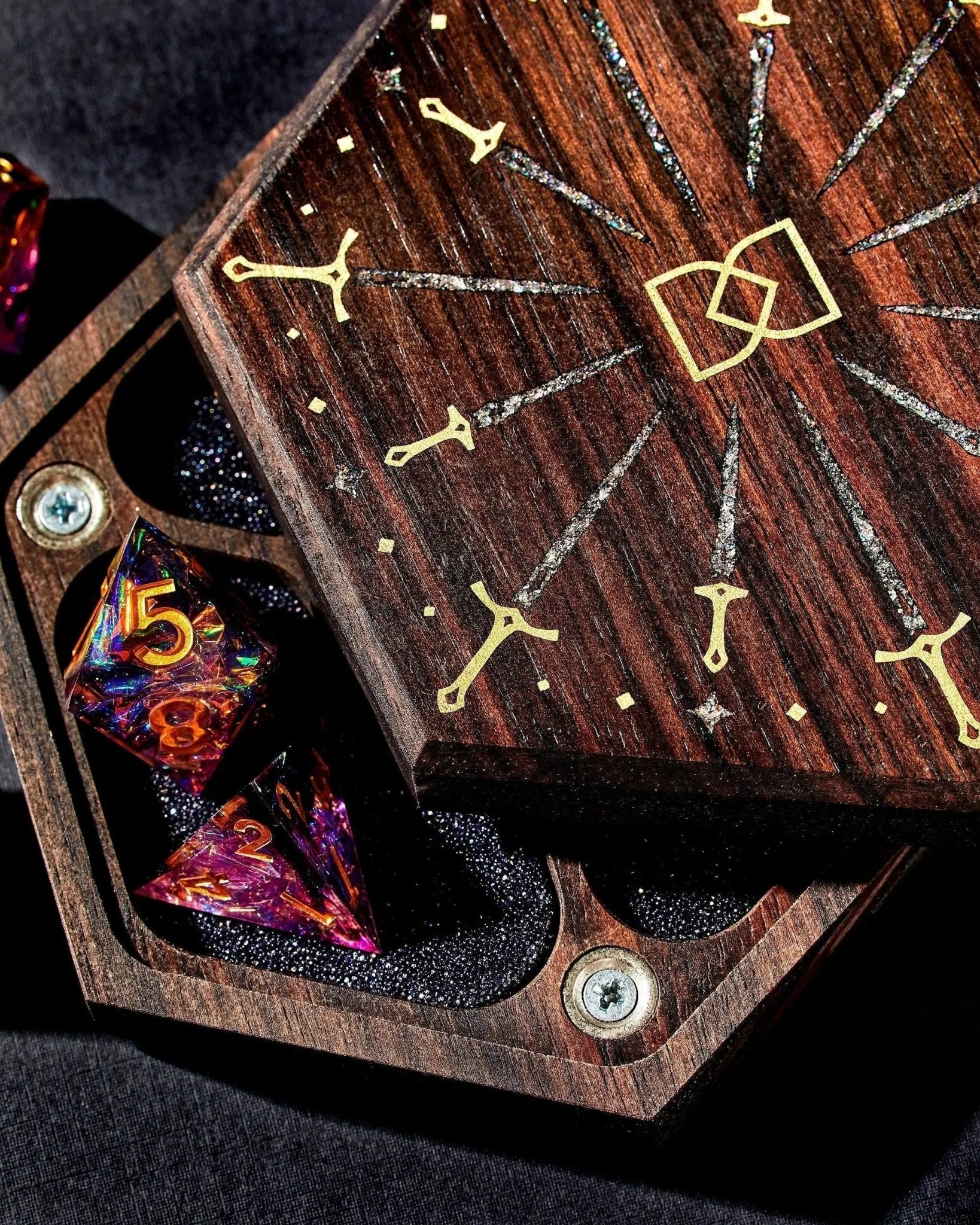 Magical Circle Tabletop Dice Vault in Macassar Ebony by Wyrmwood x Dispel - Dispel Dice - Premium DnD Dice & Accessories