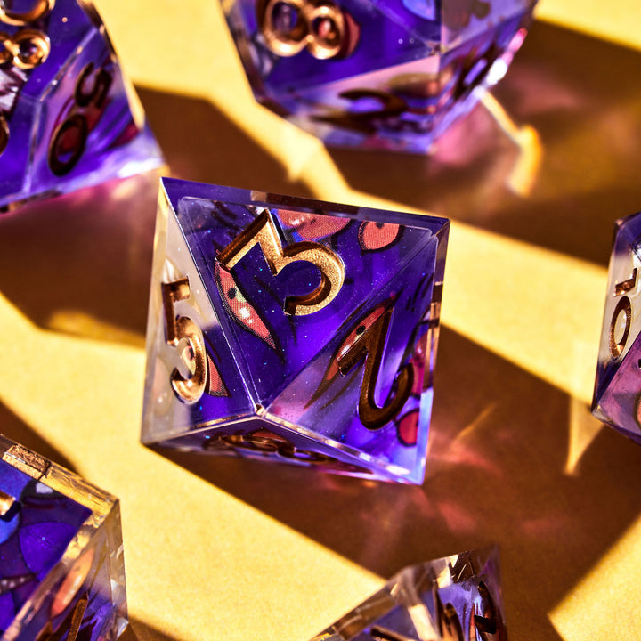 Composed picture of purple dice with mimic inspired inlays