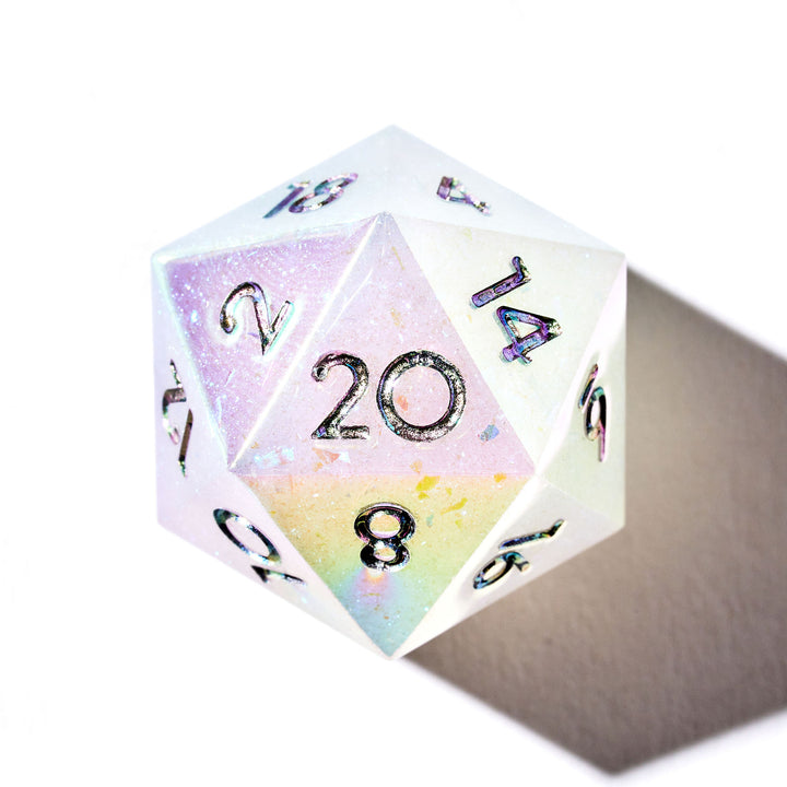 Close up of a shiny white D20