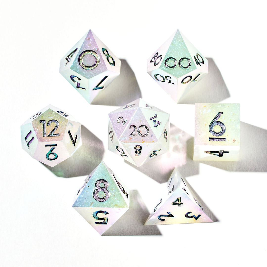 Close up of a shiny white dice set