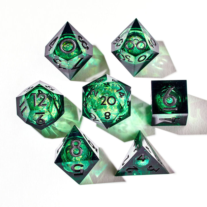 Close up of a green liquid core dice set 