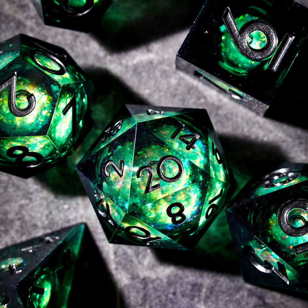 Composed picture of green liquid core dice 