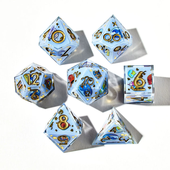 Gold on Light Blue DnD Dice Set Decorated with Cute Birds on a White Background