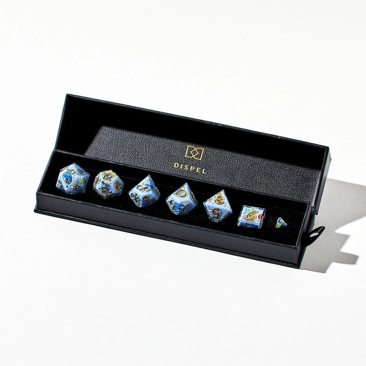Gold on Light Blue DnD Dice Set Decorated with Cute Birds in Packaging on a White Background