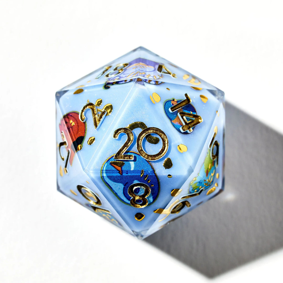 Gold on Light Blue D20 Decorated with Cute Birds on a White Background